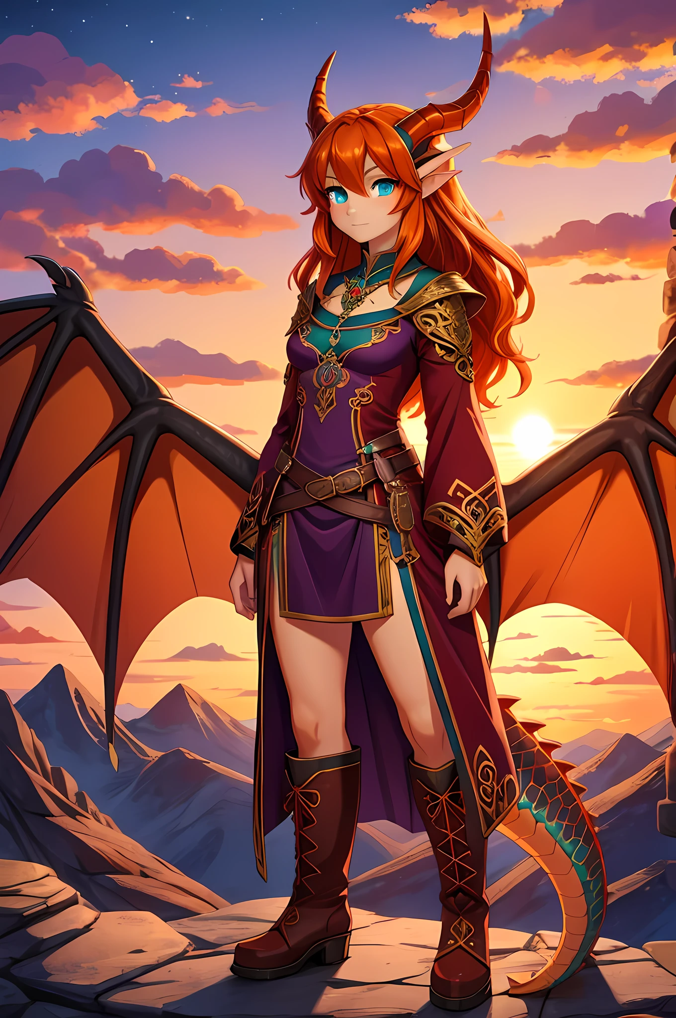 anime style art, fantasy style art, beautiful Celtic dragon girl, young adult European girl, mature young woman, tall character, 5 feet 11 inches tall, long wavy bright orange hair, bright teal eyes, realistic and sparkling teal eyes looking at viewer, shapely body, skinny body, healthy body, orange scaly skin, highly detailed scales, covered in orange scales, purple and red warrior outfit, ornate red clothes, fancy purple patterns and symbols, 2 red dress coattails hanging down her sides, high brown leather boots, long draping red sleeves, 2 large orange dragon wings, wings on both sides, orange dragon horns, standing on top of a mountain, at the mountain peak, sunset, brilliant cloudy sky, sunset lighting up the clouds, high quality digital art, 2k, professional illustration