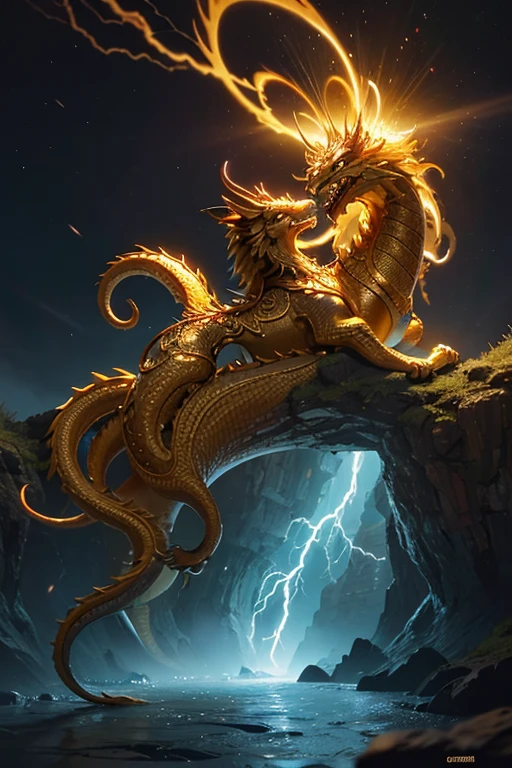 So sublime and divine々A beautiful golden dragon coiled up in the center of the screen, glaring at the camera.。The surrounding area is a canyon where no one can get close, and lightning is flashing in the background.、The sun is shining brightly