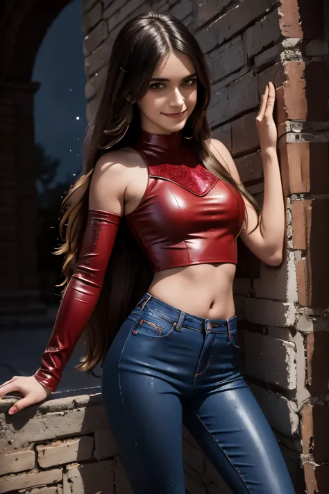 highly detailed, long hair, gentle smile. red tight leather intricatesparkly jeans, crop top. leaning on wall. dark ambient. bac...