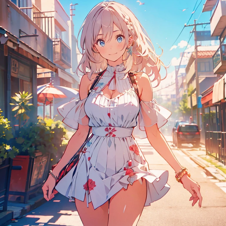 Uma mulher usando um longo vestido branco, Perna exposta, saltos brancos, walking on the sidewalk of a modern city, silver bracelet on arm, cabelo longo rosa choque com franjas grisalhas, olhos rosa, sorridente, seios grandes, Unhas rosa, fundo desfocado, segurando uma bolsa de couro branca,
sombra projetada, anaglyph, estereograma, tachi-e, point view, atmospheric perspective, 8k, superdetalhe, preciso, melhor qualidade, premiado, pele texturizada, high resolution, Anatomicamente Correto, efeito bokeh, ((mulher sozinha)