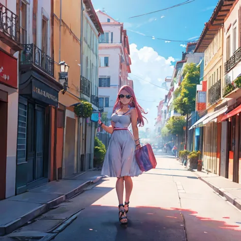Uma mulher usando um longo vestido branco, Perna exposta, saltos brancos, walking on the sidewalk of a modern city, silver brace...