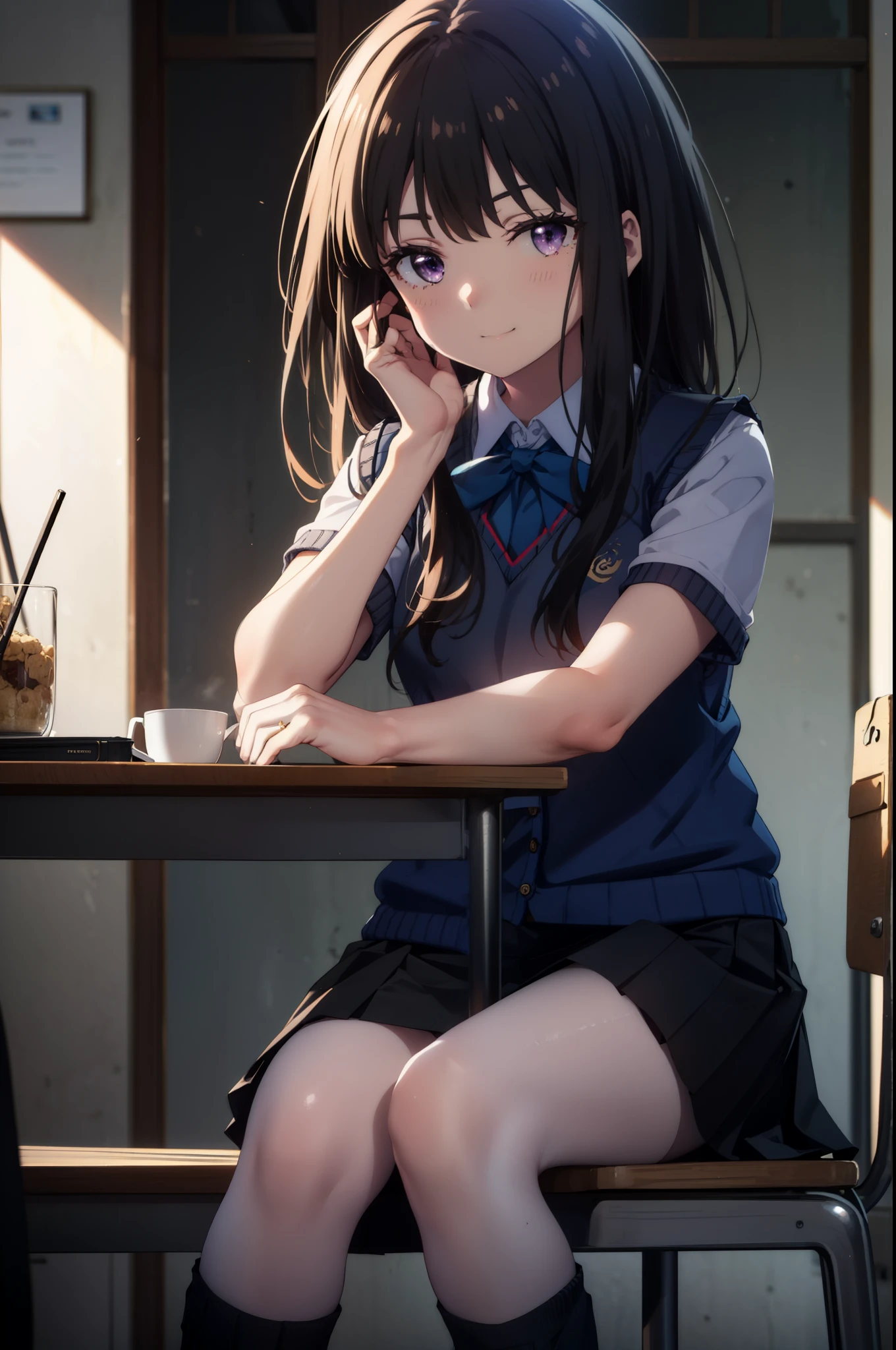 Takiuchi, Inoue Check, Long Hair, bangs, Black Hair, (Purple eyes:1.2),smile,blush,
white yシャツ, Short sleeve, Pleated skirt, socks, Collared shirt, mini skirt, Black Pantyhose, (Black Skirt:1.5), Sweater vest, (blue Sweater vest:1.5),Brown Loafers,Daytime,sunny,Sitting at a desk with legs crossed，whole bodyがイラストに入るように,　　　　　　　break looking at viewer, whole body, 
break indoors, School　corridor,
break (masterpiece:1.2), highest quality, High resolution, unity 8k wallpaper, (shape:0.8), (Beautiful details:1.6), Highly detailed face, Perfect lighting, Extremely detailed CG, (Perfect hands, Perfect Anatomy),