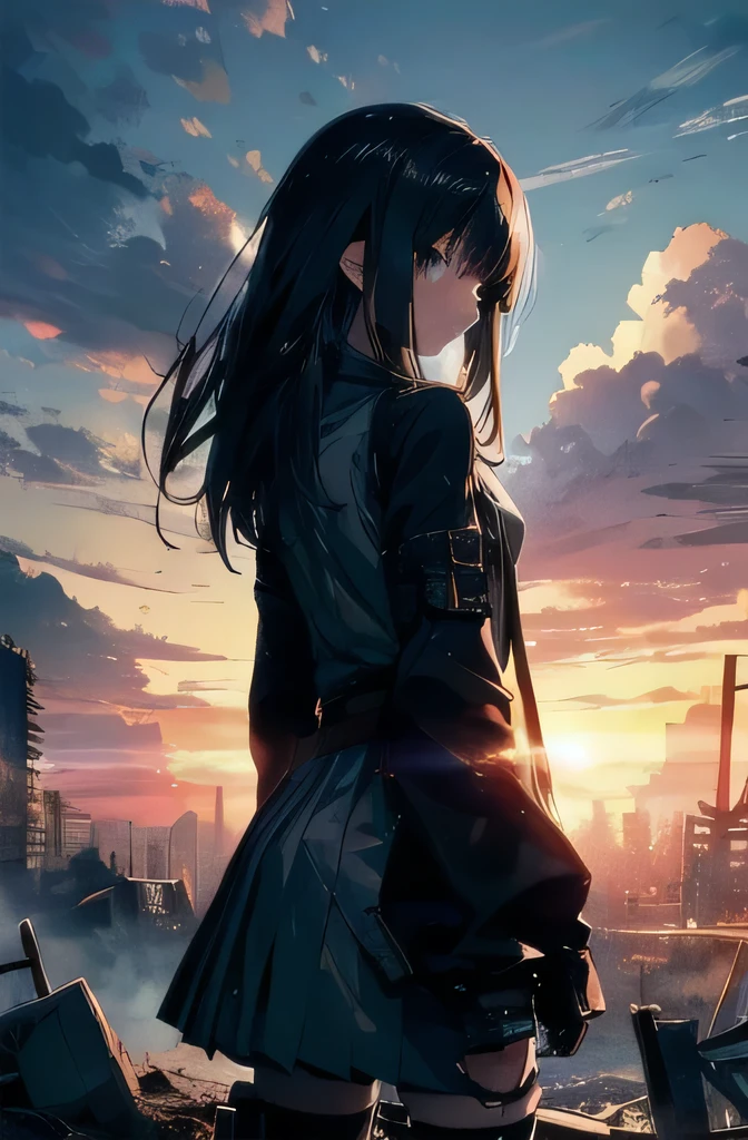 (Epic Anime Girl: 1.4, Post-Apocalyptic Mood: 1.3)

A young anime girl, (aged around 18), gracefully stands with her back towards the ruins of a doomed city, her long hair cascading in disheveled waves. The strong contrast between her delicate silhouette and the bleak backdrop enhances the melancholic atmosphere.

((2D Anime Masterpiece: 1.5, Top-Quality: 1.5, Detailed Anatomy: 1.1))
Her slender figure is adorned in a tattered school uniform, the sleeves rolled up,