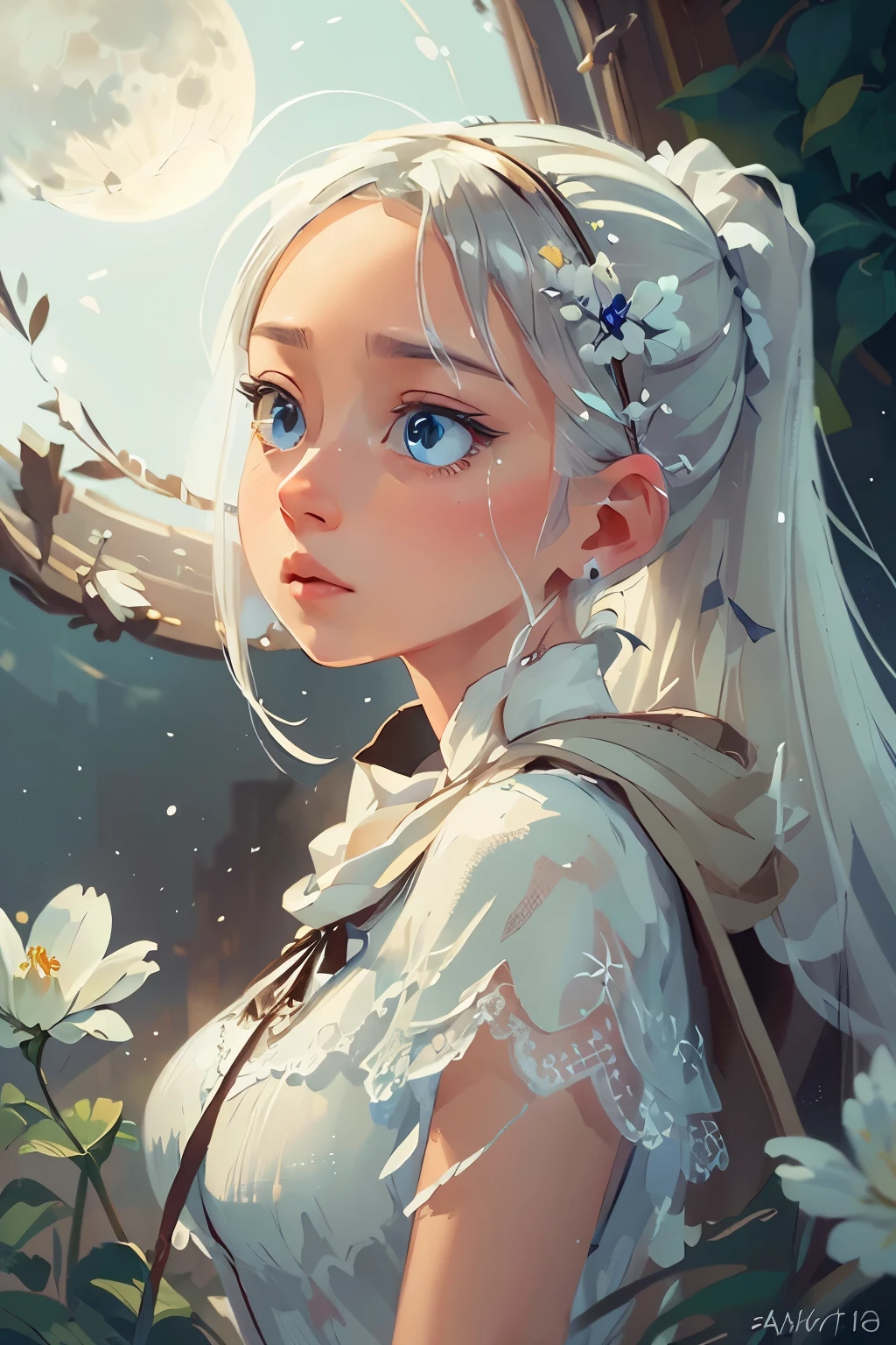 Masterpiece, (Best Quality: 1.2), (Super Fine: 1.2), Illustration, (Extremely Delicate and Beautiful: 1.2), Film Angle, Floating, (Beautiful Detail Eye: 1.1), (Detail Light: 1.1), Film Lights, Delicate Sky, Woman, White Hair, Blue Eyes, (High Ponytail: 1.1), Cloak, Glowing Eyes, (Moon: 1.2), (Moonlight: 1.1), Starry Sky, (Light Particles: 1.1), Fog , snow painting, sketching, blooming