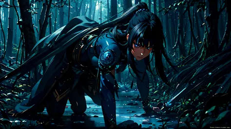 medium shot of a female warrior with fiery face, long dark hair, blue eyes, intense dark armour, wielding a spear, in a forest, ...
