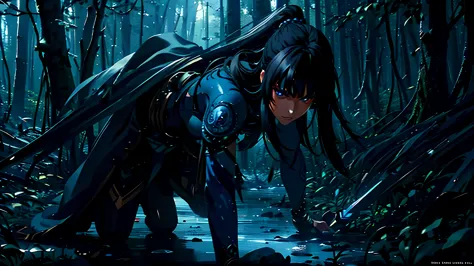 medium shot of a female warrior with fiery face, long dark hair, blue eyes, intense dark armour, wielding a spear, in a forest, ...