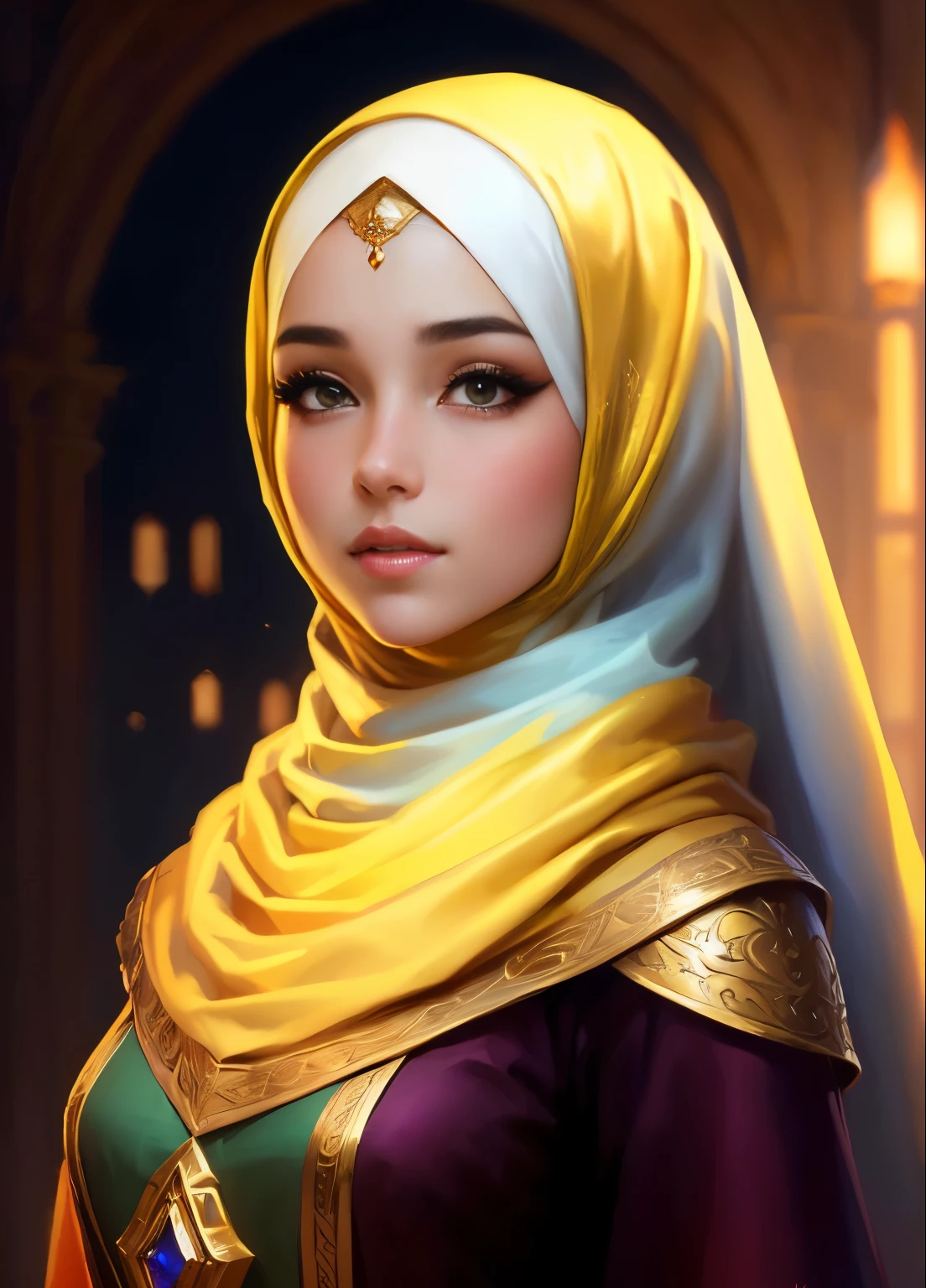 a close up of a young girl wearing a hijab and a gold head scarf, arab princess, beautiful character painting, inspired by Altoon Sultan, princess portrait, portrait painting of a princess, high quality portrait, character art portrait, adorable digital painting, detailed character portrait, fantasy concept art portrait, fantasy characture portrait, artwork in the style of guweiz