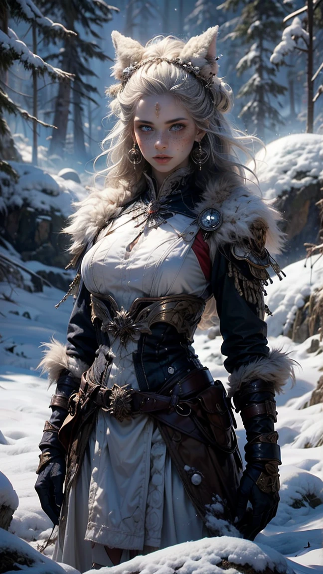 ((A woman from the snowy mountains, viste un traje de pieles de animales sexy y blanco), (Cabello Gris platinado muy largo con rastas), con pecas y la nariz roja por el frio intenso, pose de cazadora, cuerpo atletico y tatuajes tribales, pelo gris despeinado, tiene un lobo blanco de mascota, feroz y leal. They are on an ancient rock in the snow, raytraced, viento, paisaje de bosque nevado, (aesthetics and atmosphere:1.2), curiosa, feroz, valiente, ojos brillantes y azul cyan，plano amplio, cuerpo completo, extremidades posando como cazador. (foto cruda, mejor calidad), (realista, photo-realista:1.3), Obra maestra, un extremadamente atletico y hermoso cuerpo, cuerpo palido extremadamente detallado, Best quality score, ultra dynamic rage hunter pose, close up, high view, snowy forest atmosphere, angulo picado