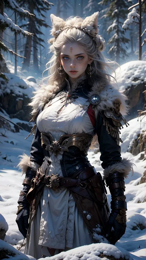 ((a woman from the snowy mountains, viste un traje de pieles de animales sexy y blanco), (cabello gris platinado muy largo con r...