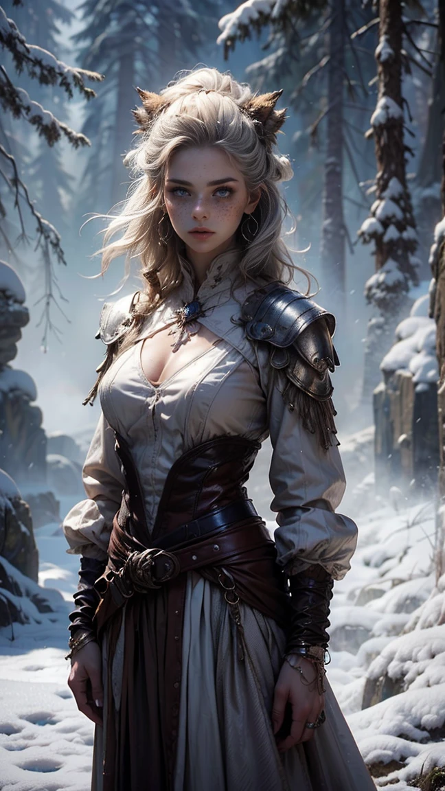 ((Une femme des montagnes enneigées, porte un costume sexy et blanc en peau d&#39;animal), (Cheveux gris platine très longs avec des dreadlocks), avec des taches de rousseur et un nez rouge à cause du froid intense, pose de chasseur, corps athlétique et tatouages tribaux, cheveux gris ébouriffés, a un loup blanc comme animal de compagnie, Féroz y leal. Ils sont sur un ancien rocher dans la neige, Lancer de rayons, vent, paysage forestier enneigé, (esthétique et ambiance:1.2), curieux, Féroz, courageux, yeux bleu cyan brillants，Plan large, corps entier, membres se faisant passer pour un chasseur. (photo brute, meilleure qualité), (réaliste, photo-réaliste:1.3), chef-d&#39;œuvre, un corps extrêmement athlétique et beau, corps pâle extrêmement détaillé, Meilleur score de qualité, pose de chasseur de rage ultra dynamique, fermer, vue en hauteur, ambiance forêt enneigée, angle coupé