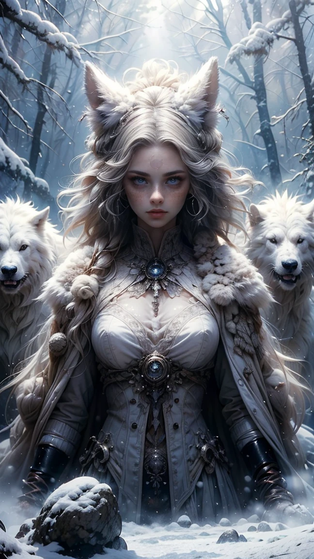 ((一個來自雪山的女人, 身穿性感白色獸皮套裝), (很長的白金灰色頭髮，有辮子), 滿臉雀斑，鼻子因嚴寒而變紅, 獵人姿勢, 運動身體和部落紋身, 蓬亂的白髮, 她旁邊有一隻寵物白狼, 費羅茲 y leal. 他們在雪地裡一塊古老的岩石上, 光線追蹤, 風, 白雪皚皚的森林景觀, (美學與氛圍:1.2), 好奇的, 費羅茲, 勇敢的, 明亮的青色藍色眼睛，寬平面, 全身, 假裝成獵人的四肢. (原始照片, 最好的品質), (現實主義者, photo-現實主義者:1.3), 傑作, 極其運動和美麗的身體, 極度細緻的蒼白身體, 最佳品質得分, 超動態憤怒獵人姿勢, 特寫, 高視角, 白雪皚皚的森林氣氛, 切角, 獵人姿勢, 她旁邊有一隻寵物白狼, 兩人都擺出獵人的姿勢