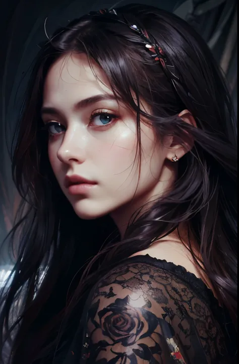 (best quality, highres, masterpiece:1.2), realistic, detailed, black rose in her heart, beautiful girl with long flowing hair, i...