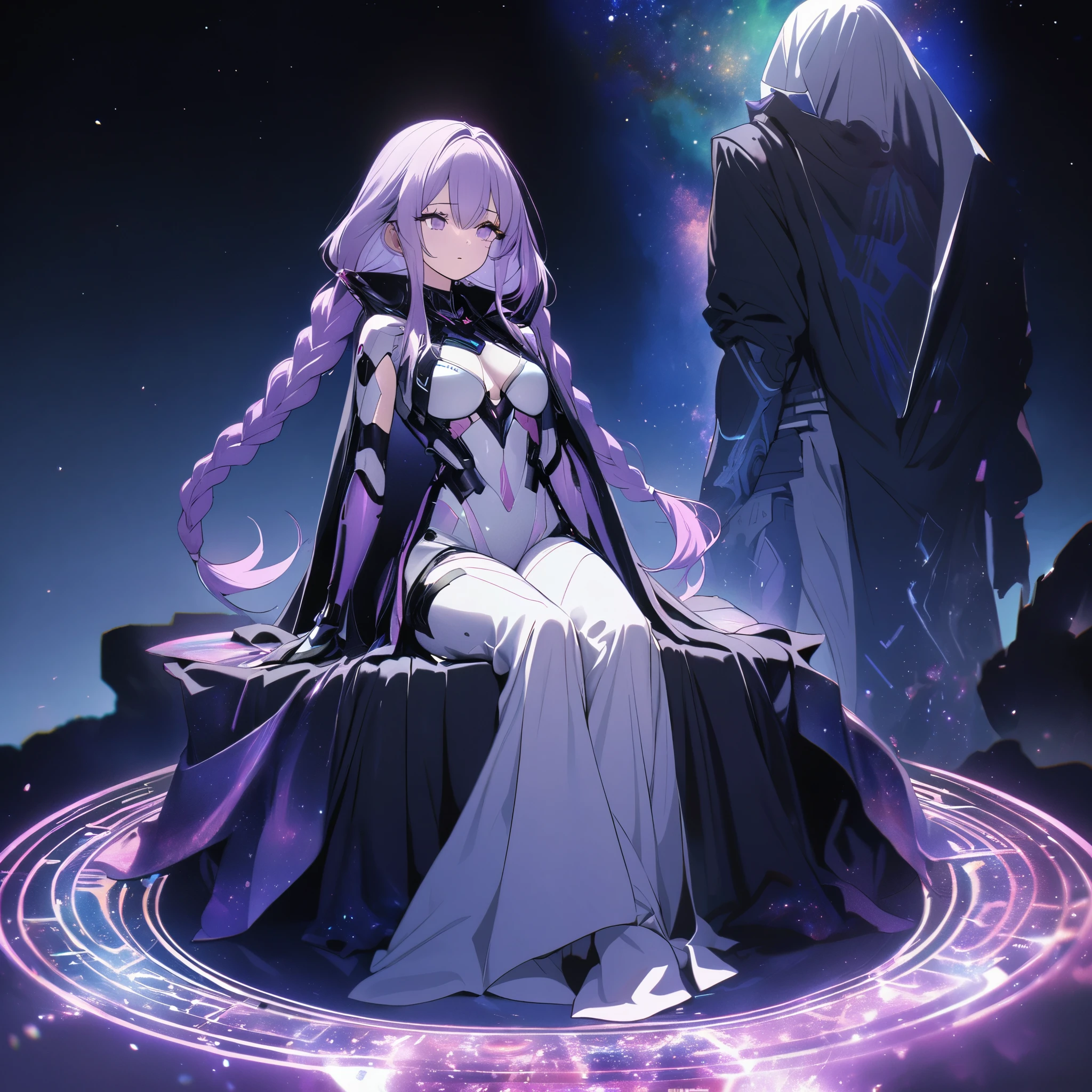 best quality, super fine, 16k, incredibly absurdres, extremely detailed, delicate and dynamic, cool and beautiful cyber warrior, white to purple (gradient:1.3) hair with long braided low twin tails), girl sits on the large translucent iridescent magic circle, and (a boy) who appears to have been summoned by magic stands beside her with puzzled look on his face, background space galaxy far away