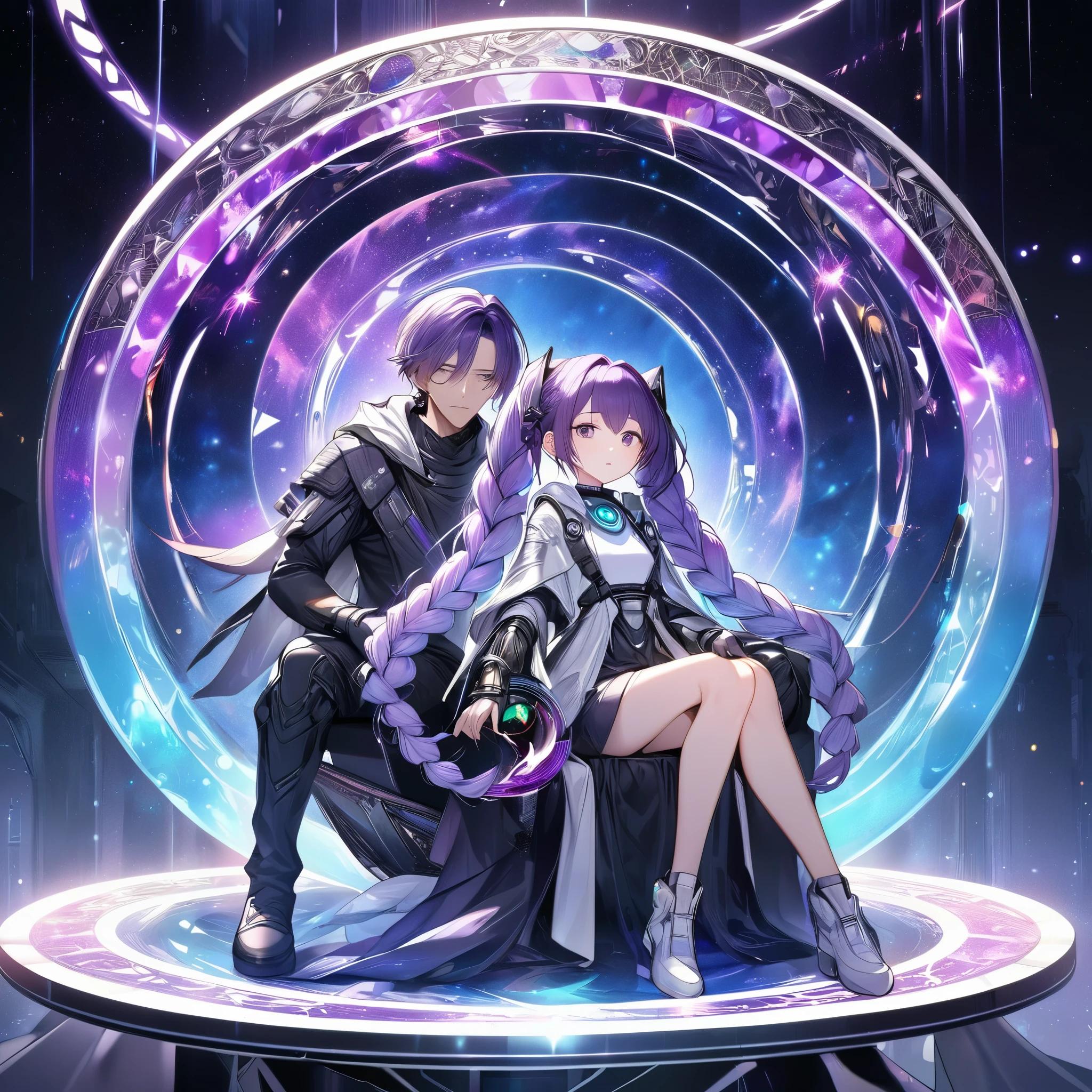 best quality, super fine, 16k, incredibly absurdres, extremely detailed, delicate and dynamic, cool and beautiful cyber warrior, white to purple (gradient:1.3) hair with long braided low twin tails), girl sits on the large translucent iridescent magic circle, and (a boy) who appears to have been summoned by magic stands beside her with puzzled look on his face, background space galaxy far away