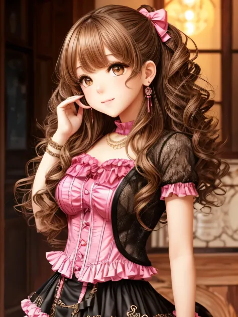 A girl with curly, light brown hair and an oval face. She has round, doe eyes with brown color and manga-style eyelashes. She is...