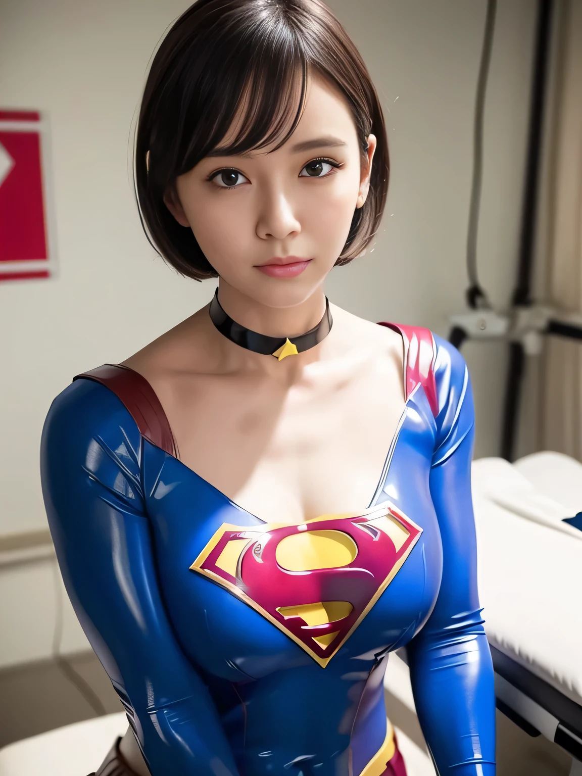 masterpiece、Enamel Supergirl Costume、Short Hair、Hospital operating table、Crisis situation、Big and ample breasts、looking at the camera、Shiny、Off the shoulder、choker、Long sleeve、exy poses to seduce、Sweaty、Model Body Type、Alluring、charm、Enchanting、Abused、test subject、victim、Wild、Photorealistic、latex、