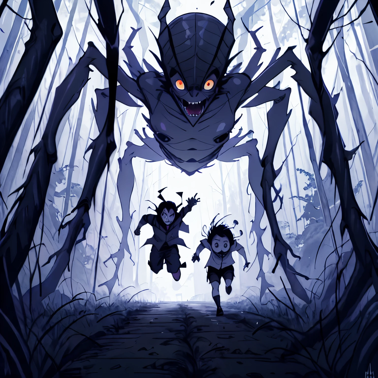 เด็ก 2 คนตื่นตระหนก, วิ่งหนีจากแมงมุมขนยักษ์, หันหน้าไปทางผู้ชม, ในป่า