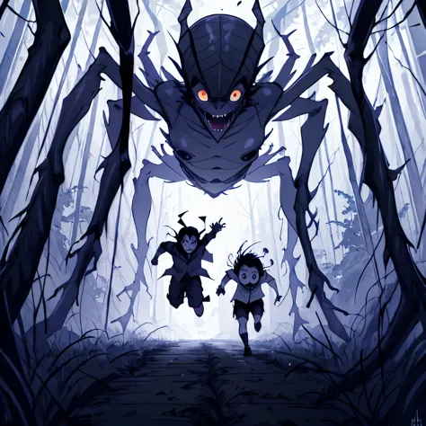 2 kids panicked, running away from a giant hairy spider, facing the viewer, in a forest