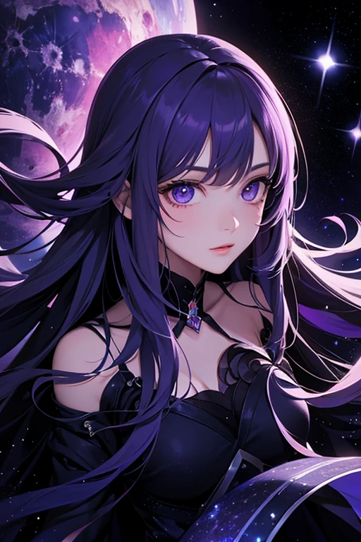 In the vast expanse of the galaxy, where countless stars twinkle like diamonds against the velvet backdrop of space, legends tell of a mysterious figure known as the Purple Cryptic Girl. This enigmatic being, shrouded in an aura of violet light, has been sighted across numerous star systems, leaving behind tales of wonder and bewilderment, long hair, UHD, masterpiece, super detail