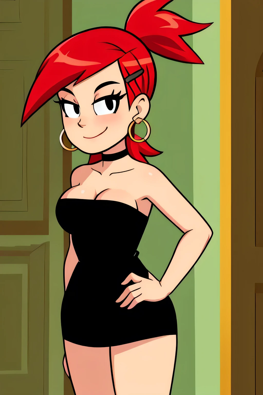 A cartoon girl in a black dress and red hair - SeaArt AI