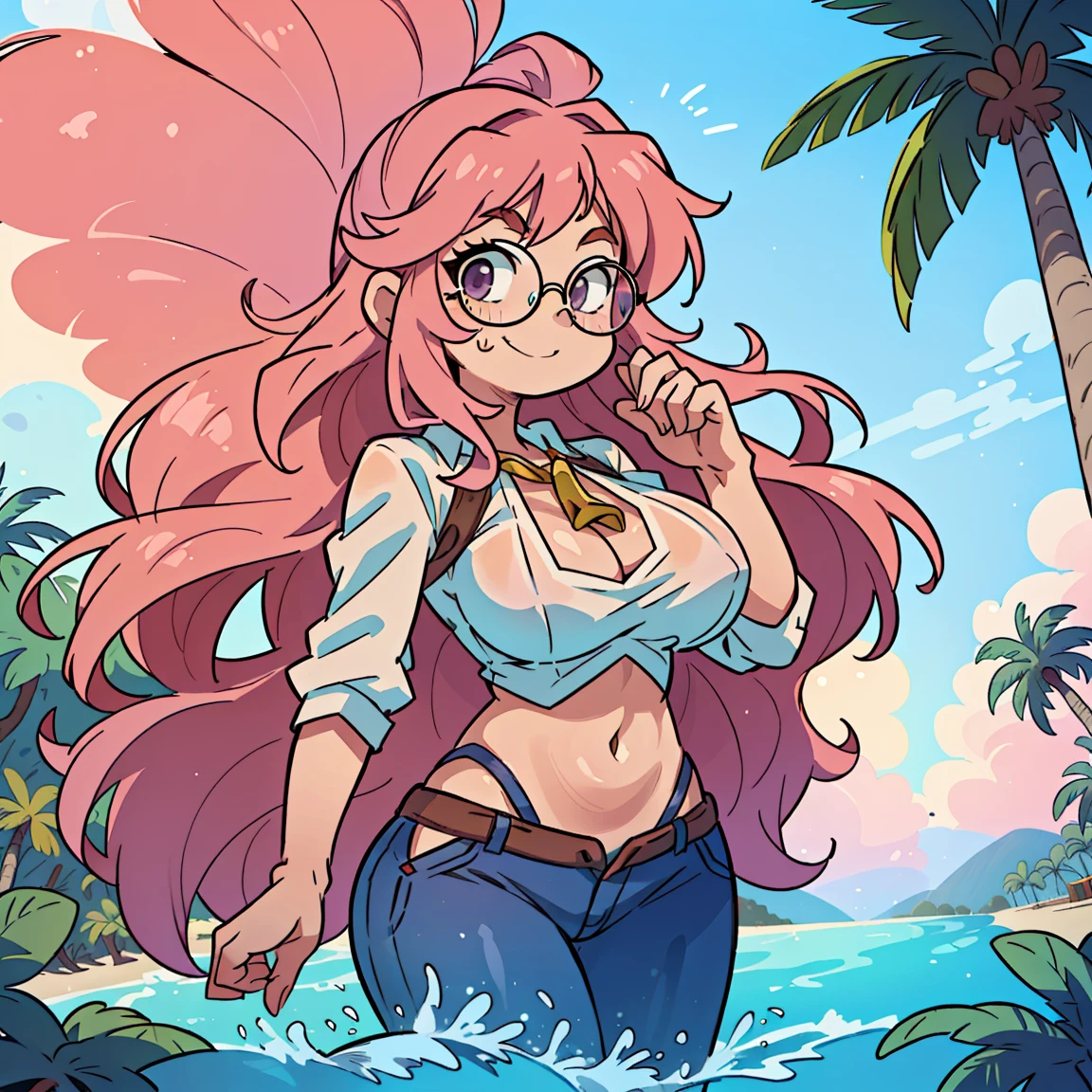 (masterpiece, best quality:1.2), cowboy shot, (solo), (1girl):1.5, glasses, long fluffy pink hair, hair blowing, gorgeous body, wide hips, slight smile, (elegant swimswit), navel exposed, mid breasts, breasts niples, (cameltoe), under palm trees on a windy beach.