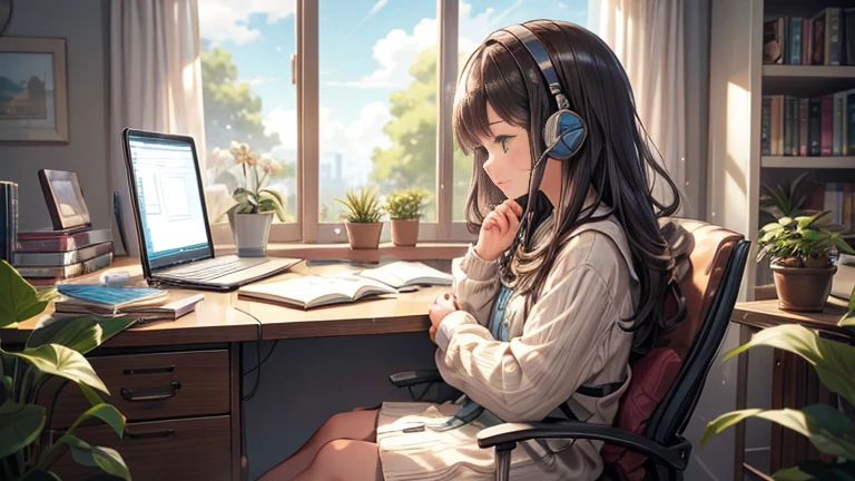 Create a cozy and serene scene featuring a three-head-tall girl with headphones studying in a home office. The girl should be depicted from a side view, showing her profile. She is sitting on a chair at a desk with books and a laptop, positioned on the far right side of the image. There is a large window behind her overlooking a tranquil garden with lush green plants, colorful flowers, and a small peaceful pond. The sky outside is clear with a few fluffy clouds. The overall atmosphere should be relaxing and conducive to focused work, with a balance of natural beauty and comfort.