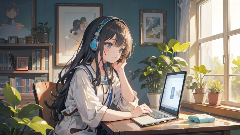 Create a cozy and serene scene featuring a three-head-tall girl with headphones studying in a home office. The girl should be depicted from a side view, showing her profile. She is sitting on a chair at a desk with books and a laptop, positioned on the far right side of the image. There is a large window behind her overlooking a tranquil garden with lush green plants, colorful flowers, and a small peaceful pond. The sky outside is clear with a few fluffy clouds. The overall atmosphere should be relaxing and conducive to focused work, with a balance of natural beauty and comfort.