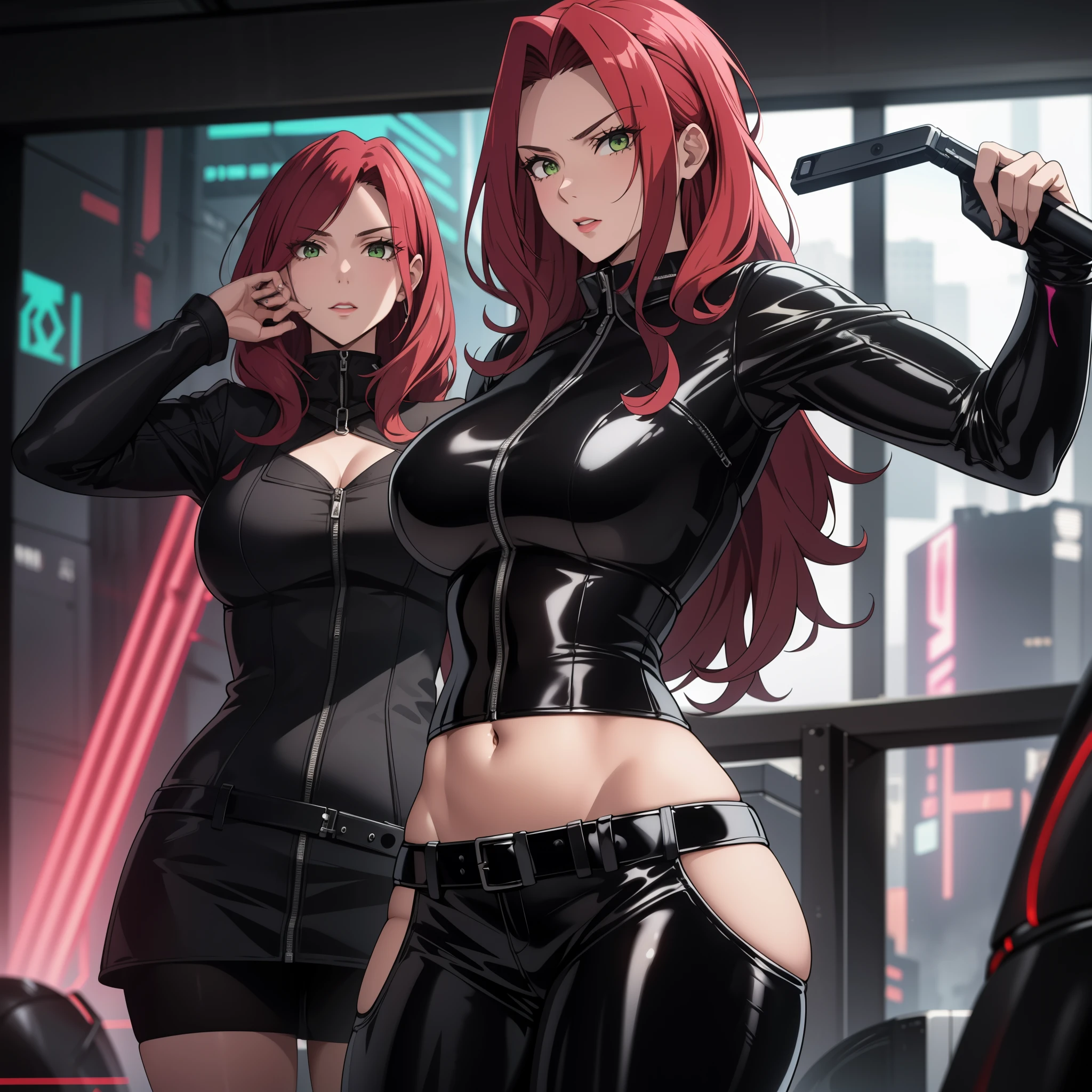 A 30-year-old woman, wavy red hair, clear skin, green eyes like emeralds, big breasts,  Cyberpunk glossy latex set negro,  selfie, , big breasts. Whole body. perfect hands.