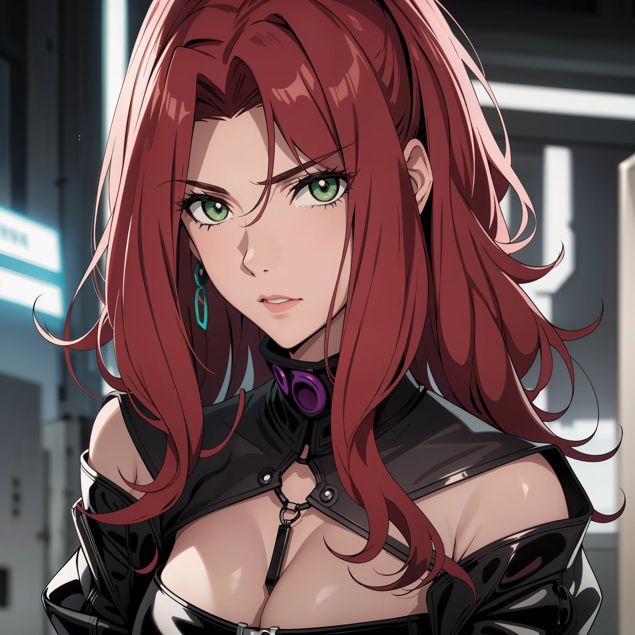 A 30-year-old woman, wavy red hair, clear skin, green eyes like emeralds, big breasts,  Cyberpunk glossy latex set negro,  selfie, , big breasts. Whole body. perfect hands.