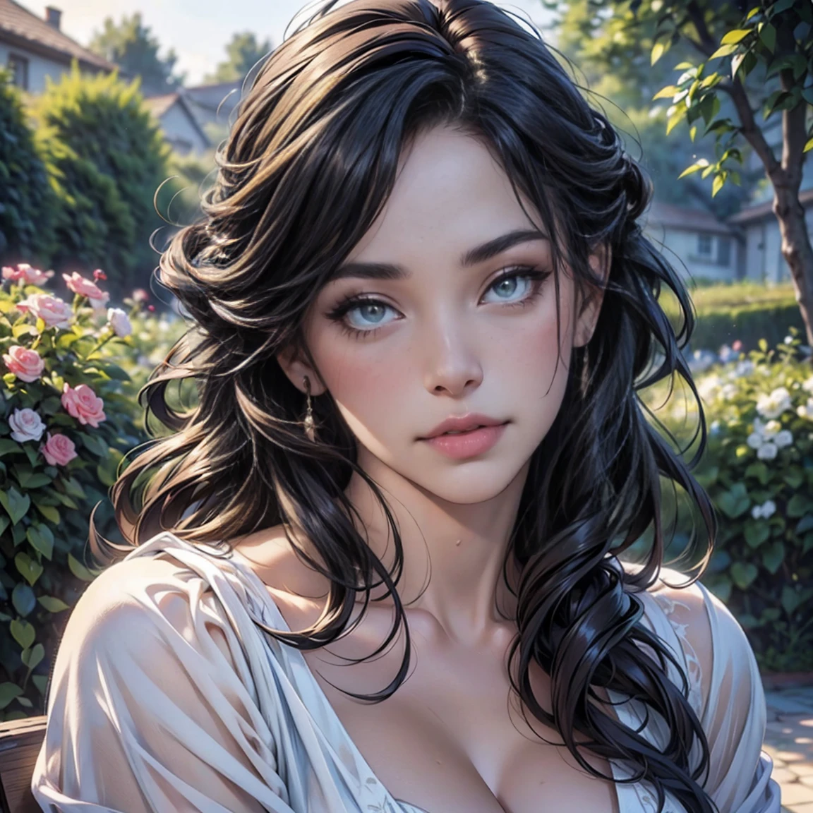 (highest quality,4k,8k,High resolution,masterpiece:1.2),super detailed,(realistic,photorealistic,photo-realistic:1.37),detailed and beautiful eyes,dense and beautiful lips,highly detailed eyes and face,long eyelashes,[garden, Bright colors,soft natural light,romantic atmosphere,vivid flowers, flowing transparent dress,sexy feminine and elegant pose,Happy and confident look, High fashion style, Dreamy scenery, fine art portrait, art print quality, oil painting techniques, impressionist style.