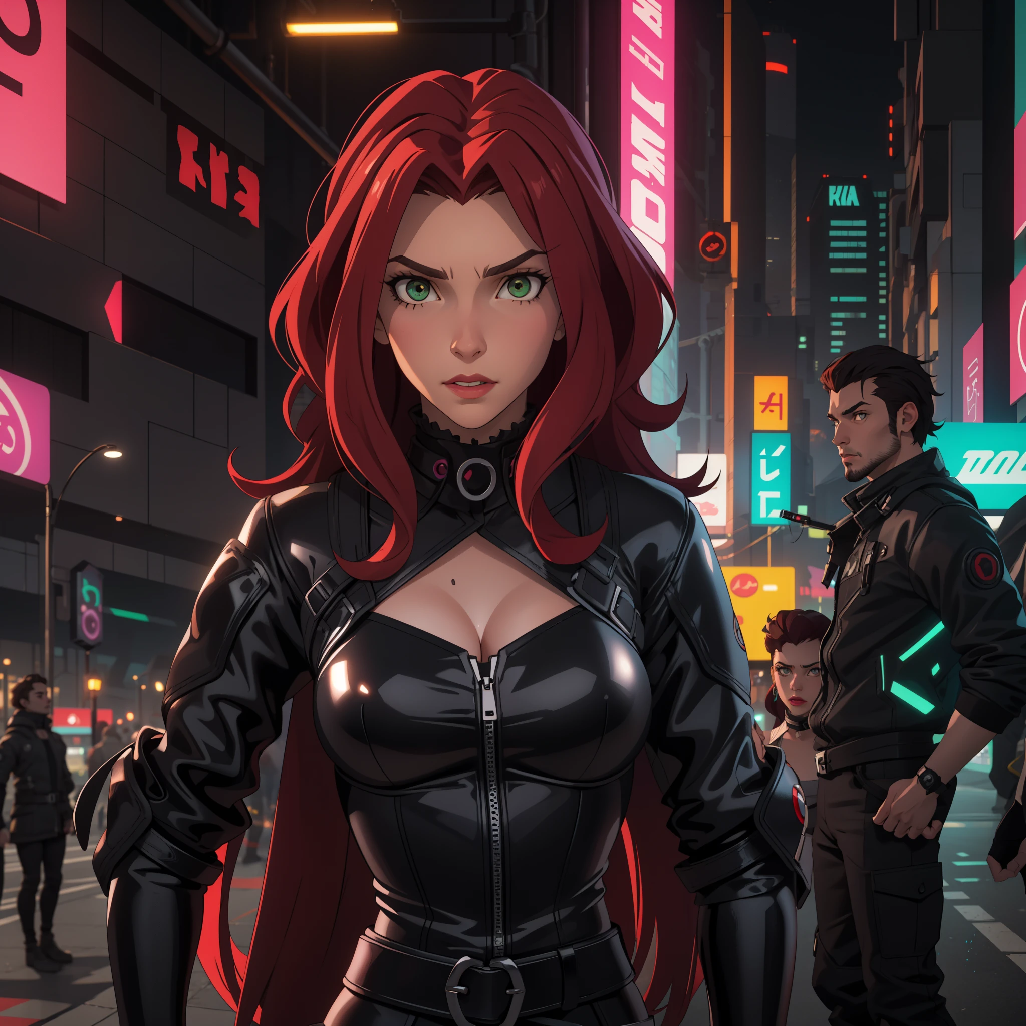 A 30-year-old woman, wavy red hair, clear skin, green eyes like emeralds, big breasts,  Cyberpunk glossy latex set negro,  selfie, , big breasts. Whole body. perfect hands.