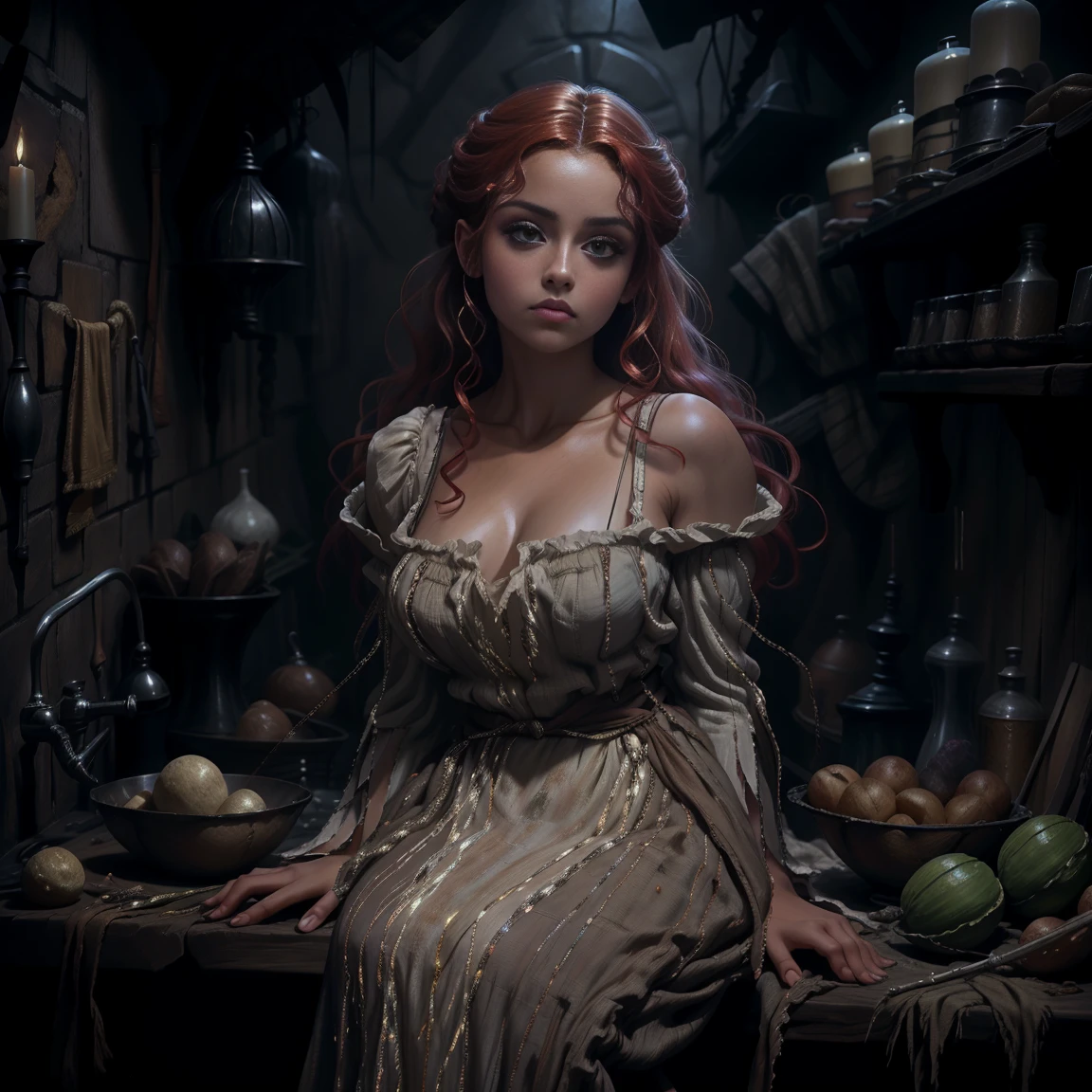 pintura de uma mulher com cabelo castanho e um estrangulamento em um black gown, John Collier art style, maiden with copper hair, style of karol bak, a young redhead, portrait of a young witch, No Bowater Art Style, Directed by: Roberto Lenkiewicz, brom gerald, Albert Lynch, portrait of princess merida, Dave Sim, Red-haired girl in a shadowy palace, black gown e roxo de veludo usando um kokoshnic, luxury gypsy clothing, head adornment, Lace choker, Masterpiece artwork, highest quallity, (standing alone), (face perfect: 1.3), (high détail: 1.2), Dramatic, 1girl, angel, (pale skinned), long redhead hair, dark red hair, (Breasts huge), light eyebrows, long hair, natta, purple and black medieval gypspy outfit, lots of jewelry, head adornments, eyes browns, covered navel, pouty lips, Curvilinear, (arms behind back: 1.4), inked, Detailed palace background, art by artgerm and greg rutkowski, cinematic lighthing, , lo fashion, BALENCIAGA, Alexandre Mc Queen, glitter, copper brown hair, beautiful brown hair, pale skinned, fat bottle, large lips, juicy lips beautiful lips, detailed and beautiful blue eyes, chubby cheeks, Round face, young chubby, Chubby Teen, chub,  gorda, Woman with plump body, chubby woman, perfect hands, perfects eyes, face perfect, black gown