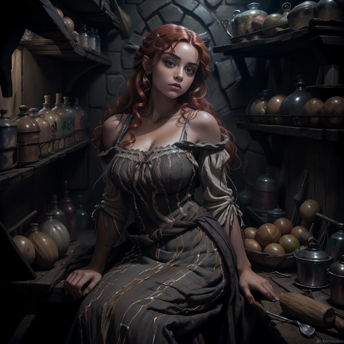 pintura de uma mulher com cabelo castanho e um estrangulamento em um black gown, John Collier art style, maiden with copper hair, style of karol bak, a young redhead, portrait of a young witch, No Bowater Art Style, Directed by: Roberto Lenkiewicz, brom gerald, Albert Lynch, portrait of princess merida, Dave Sim, Red-haired girl in a shadowy palace, black gown e roxo de veludo usando um kokoshnic, luxury gypsy clothing, head adornment, Lace choker, Masterpiece artwork, highest quallity, (standing alone), (face perfect: 1.3), (high détail: 1.2), Dramatic, 1girl, angel, (pale skinned), long redhead hair, dark red hair, (Breasts huge), light eyebrows, long hair, natta, purple and black medieval gypspy outfit, lots of jewelry, head adornments, eyes browns, covered navel, pouty lips, Curvilinear, (arms behind back: 1.4), inked, Detailed palace background, art by artgerm and greg rutkowski, cinematic lighthing, , lo fashion, BALENCIAGA, Alexandre Mc Queen, glitter, copper brown hair, beautiful brown hair, pale skinned, fat bottle, large lips, juicy lips beautiful lips, detailed and beautiful blue eyes, chubby cheeks, Round face, young chubby, Chubby Teen, chub,  gorda, Woman with plump body, chubby woman, perfect hands, perfects eyes, face perfect, black gown