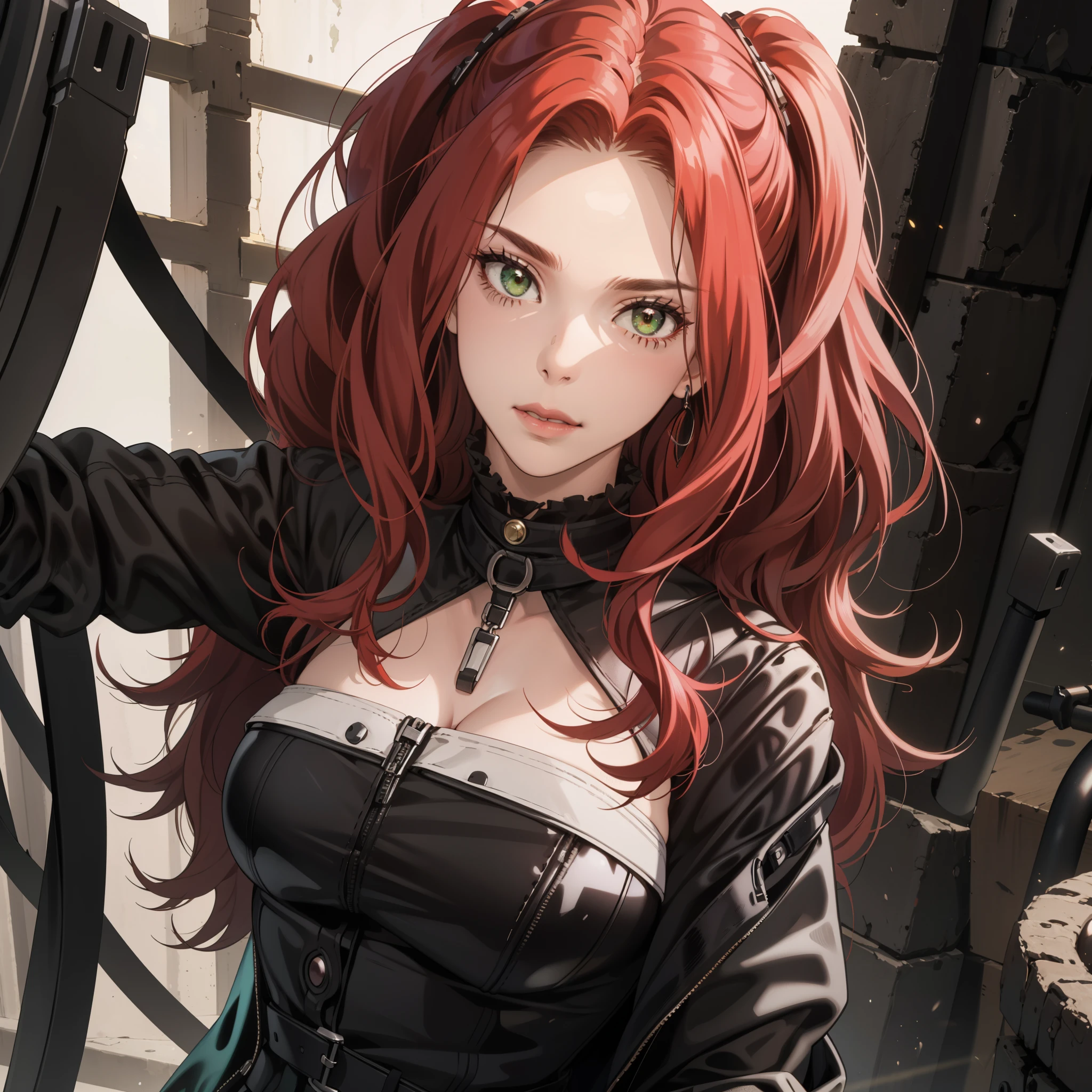 A 30-year-old woman, wavy red hair, clear skin, green eyes like emeralds, big breasts,  Cyberpunk glossy latex set negro,  selfie, , big breasts. Whole body. perfect hands.