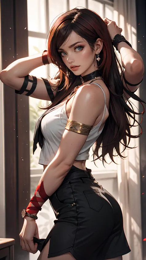 highest quality, Intricate details, chromatic aberration, One girl, Long Hair, Black Hair, Messy Hair, Red highlights, Hair on o...