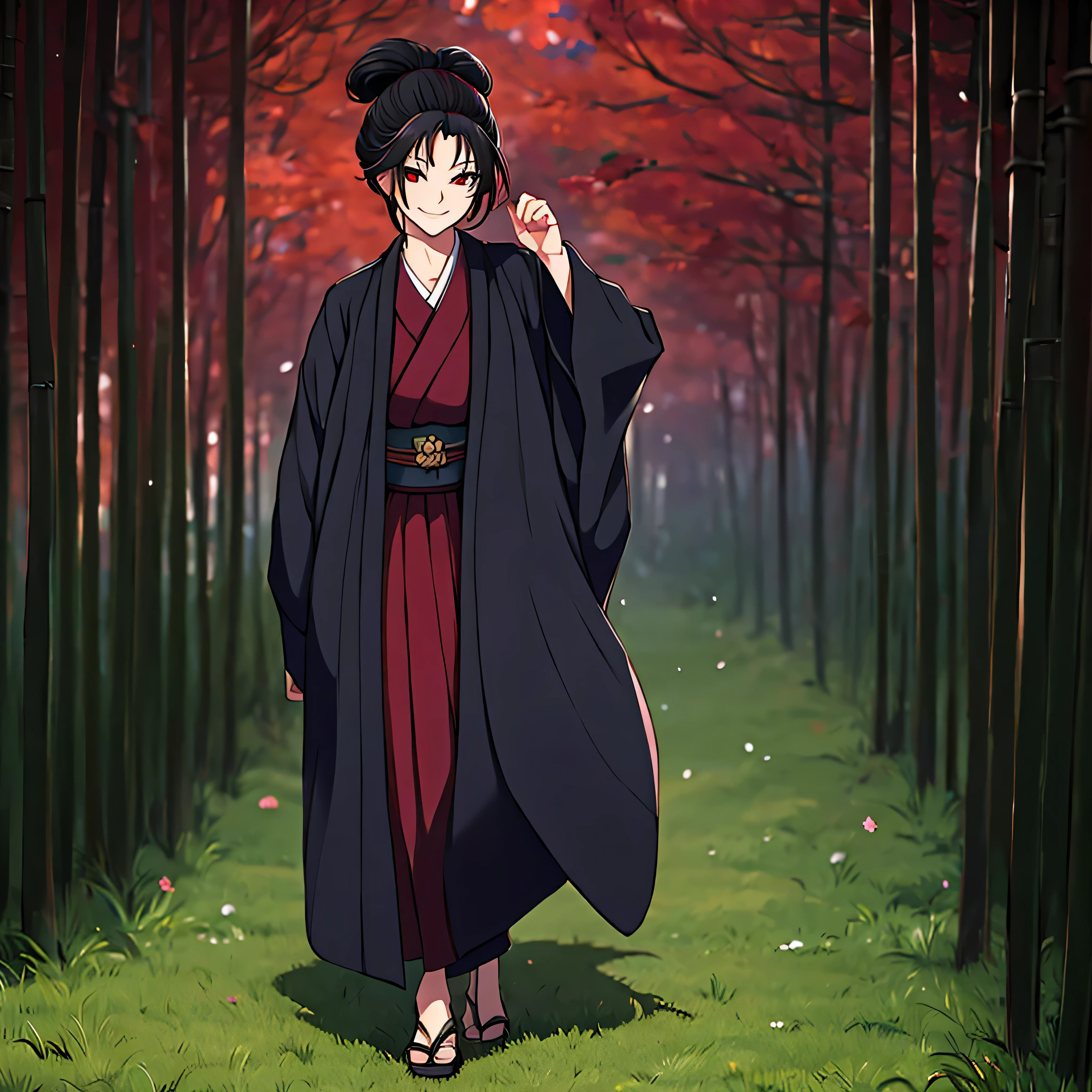 A woman wearing a black yukata, a burgundy dress inside the yukata, red eyes, long black hair, smiling, walking in a Japanese garden, full body, 8k, super detail, accurate, best quality, award winning, textured skin, high resolution, anatomically correct, bokeh effect, ((woman alone)
