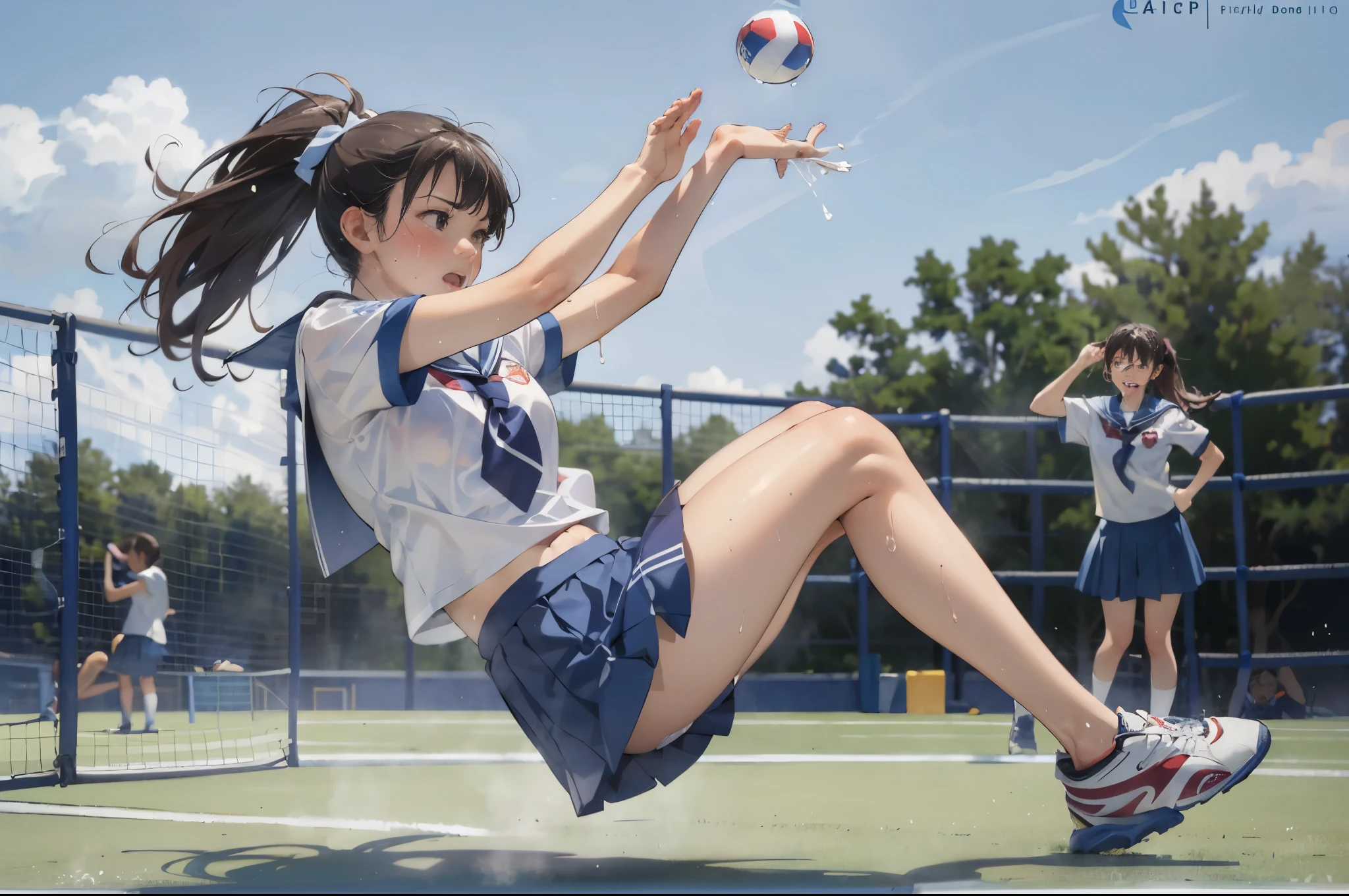 (super flat, flat shading), Honors Type, Really blushing, 17 years old, (exciting Match:1.5), 2girls, (fighting:1.5), wearing white short sleeves shirt, (school uniform:1.5), wedgie:1.5, cameltoe:1.7, sports shoes, ponytail brown hair, sweaty healthy body, sweaty soaking wet full body, bare legs, navel, ultra realistic, early morning, breeze, in crowded public gymnastics,