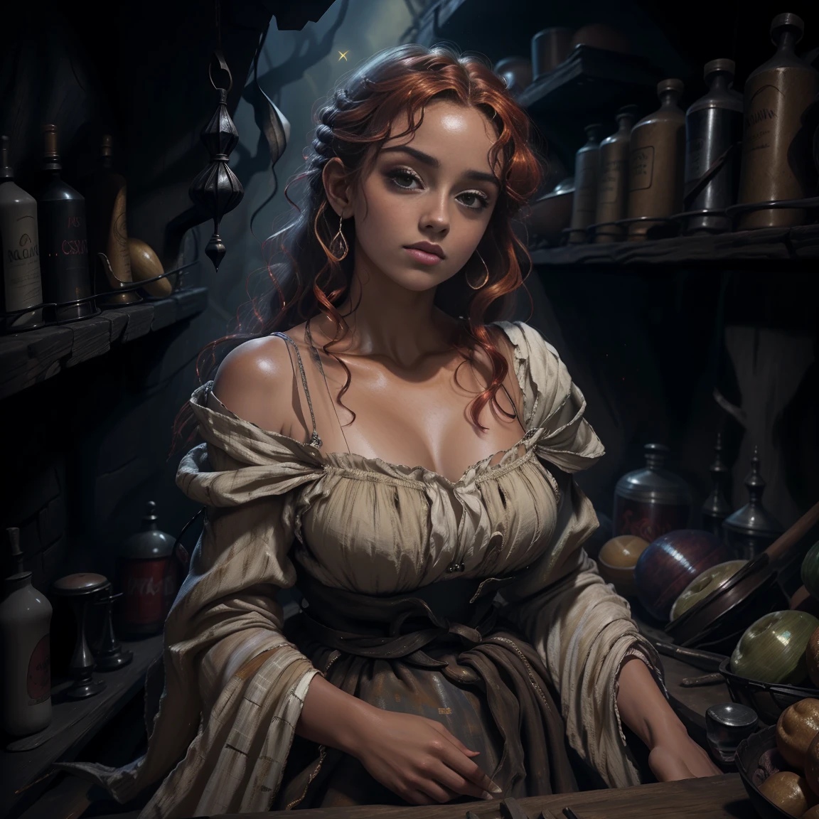 pintura de uma mulher com cabelo loiro e um estrangulamento em um vestido preto, Estilo de arte de John Collier, Donzela com cabelo loiro acobreado, estilo de Karol Bak, uma jovem loira, Retrato de uma jovem bruxa, No Bowater Art Style, Dirigido por: Roberto Lenkiewicz, Geraldo Brom, Alberto Lynch, retrato da princesa Mérida, Dave Sim, Menina de cabelos vermelhos em um palácio sombrio, vestido preto e roxo de veludo usando um kokoshnic, roupa luxuosa de cigana, adorno de cabeça, Gargantilha de renda, obra-prima, mais alta qualidade, (sozinho), (rosto perfeito: 1.3), (alto detalhe: 1.2), dramático, 1 garota, anjo, (pele pálida), longos cabelos ruivos, cabelos vermelhos escuros, (Seios enormes), sobrancelhas claras, cabelo longo, noite, roupa de gypspy medieval de cor purpura e preta, muitas joias, adorno de cabeças, olhos azuis, umbigo coberto, lábios carnudos, curvilíneo, (braços atrás das costas: 1.4), Coberto, fundo detalhado do palácio, arte de artgerm e greg rutkowski, iluminação cinematográfica, , moda, Balenciaga, Alexandre Mc Rainha, BRILHO, cabelos loiros acobreados, cabelos detalhados e bonitos, pele pálida, garrafa de gordura, lábios grandes, lábios suculentos lábios bonitos, olhos azuis detalhados e bonitos, boechachas gordinhas, Rosto redondo, jovem gordinha, Adolescente gordinha, caboz,  gorda, Mulher com corpo rechonchudo, mulher gordinha, mãos perfeitas, olhos perfeitos, rosto perfeito, vestido preto