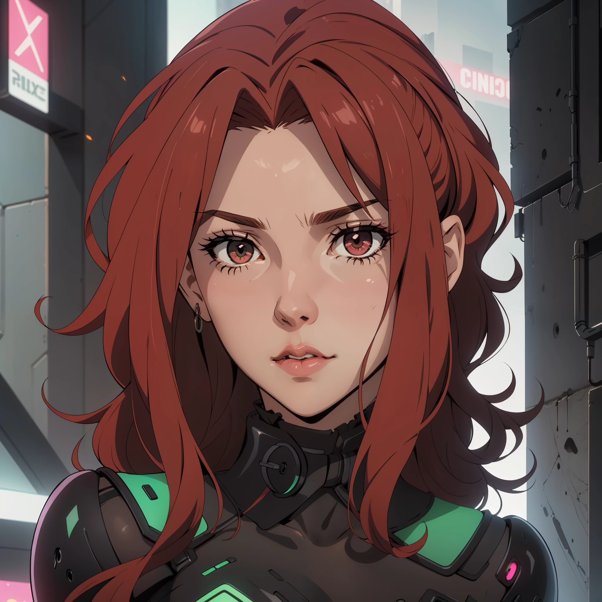 A 30-year-old woman, wavy red hair, clear skin, green eyes like emeralds, big breasts,  Cyberpunk glossy latex set negro,  selfie, , big breasts. Whole body. perfect hands.