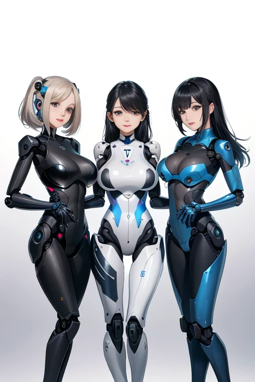 High resolution, Detailed Background, highest quality, Beautiful and dense face, Beautiful, smooth skin, Skin Texture, ((Three beautiful female robots in their twenties)), All of their internal skeletons are exposed.., Everything is mechanical except for the face., Full Body Shot, Cute hairstyle, Huge breasts, smile, They are all touching each other&#39;Body because they just had their maintenance done., Everyone is proud of their body, All have floral and pastel colored internal skeletons, From ankle down, Feet in roller skates, The bright colors and patterns on the interior structure create a cute and glamorous look.., (Braided Ponytail、Cute hair cot#39;I&#39;I can&#39;t wait to go outside in my new body...、Looking at each other&#39;Body、Laughter、smile、smile)