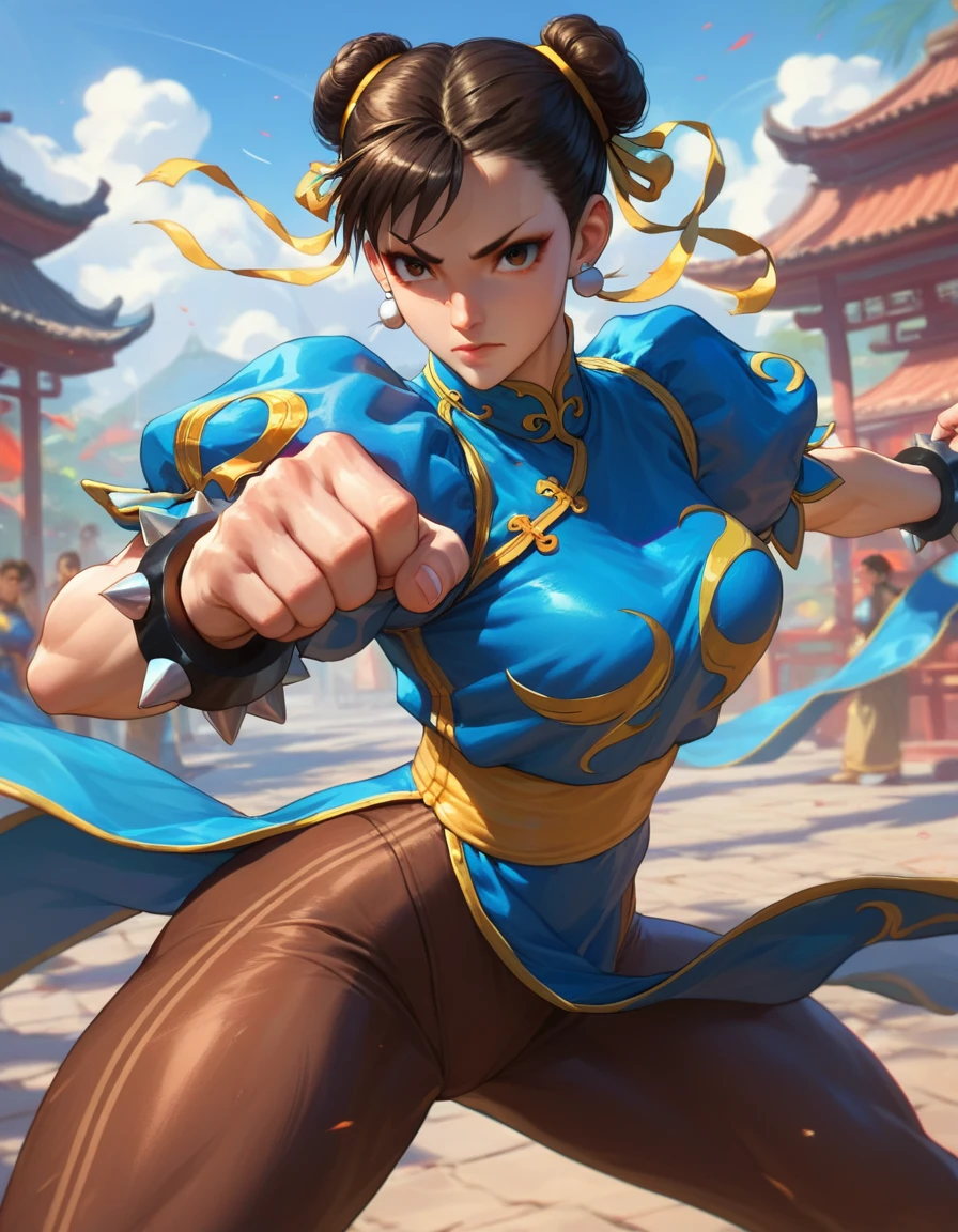 score_9, score_8_en haut, score_7_en haut, CHUN-LI, rue_combattant, 1fille, costume chinois, brun leggings, Manches bouffantes, brun_cheveux, brun_yeux, regarder le spectateur, position de combat, tir de cow-boy