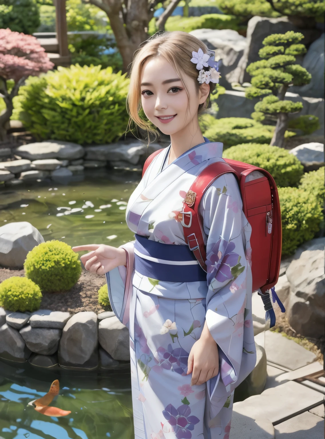 Masterpiece, hd, realistic, a woman with light smile is wearing school backpack and formal Japanese Kimono dress in Traditional Japanese garden with pond and bonsai, hair ornaments