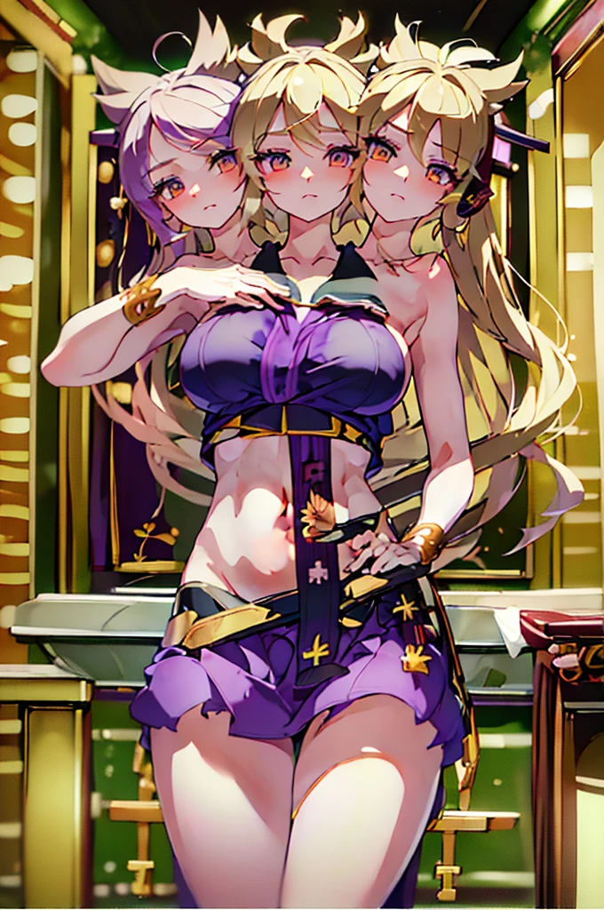 (masterpiece, best quality), best quality, (ultra-detailed), (3heads:1.5), 1girl, (toyosatomimi no miko:1.3), masterpiece, best quality, ultra quality, ultra resolution, uktra detail, white-purple top, crop top, ((stomach)), midriff, ((groin)), open belly, purple skirt, normal ears, shackles, very light, almost platinum blonde hair, very long hair, wavy hair, sidelocks, grey eyes, parted lips, sweat, very cute, toned belly, hand on own chest, eyelashes, (24 year old woman:1.3), (masterpiece:1.5), (best quality:1.5), (beautiful detailed), extremely detailed CG, extremely delicate and beautiful, depth of field, (finely detailed face), (perfect details:1.2), (mature female:1.3), wide pelvis, slender, large veiny breast, 16k resolution, highres, high quality, high definition, extremely detailed, masterpiece, very light, almost platinum blonde hair, long hair, alluring presence, braid, short skirt, close up, big tits, young, nsfw, open belly, midriff,
