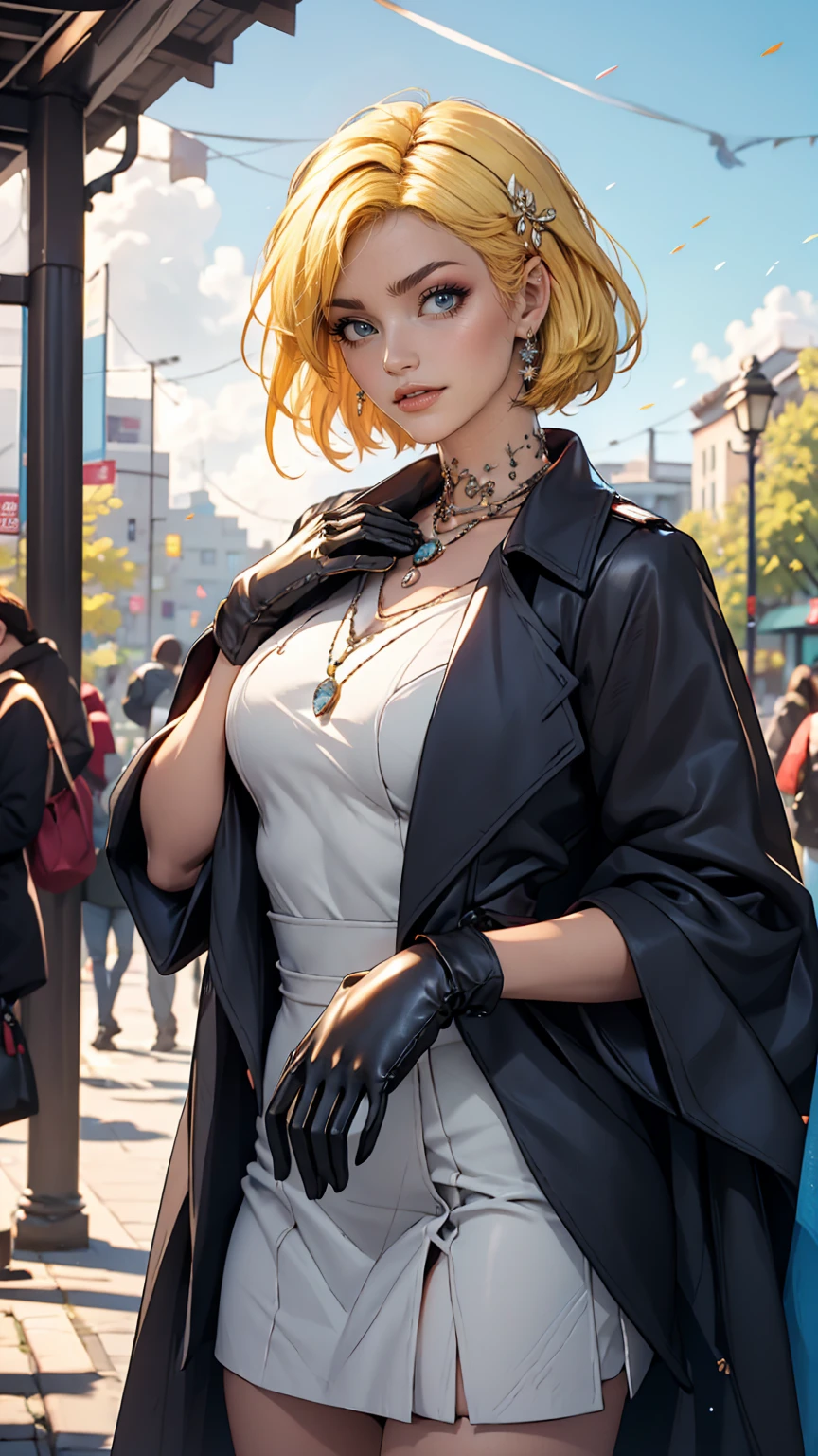 ((masterpiece,highest quality)),One girl,alone, (((Chisato Nishikigi))), short hair, Bright yellow hair, alone, dress, Detail Eye, View your viewers, Long sleeve, Are standing, white dress, gloves,hair ornaments, Black jacket, smile, Floating Hair, Dutch Angle, Mouth closed, avert your eyes, (Center Parks),Cloudy, blue sky, warm color,