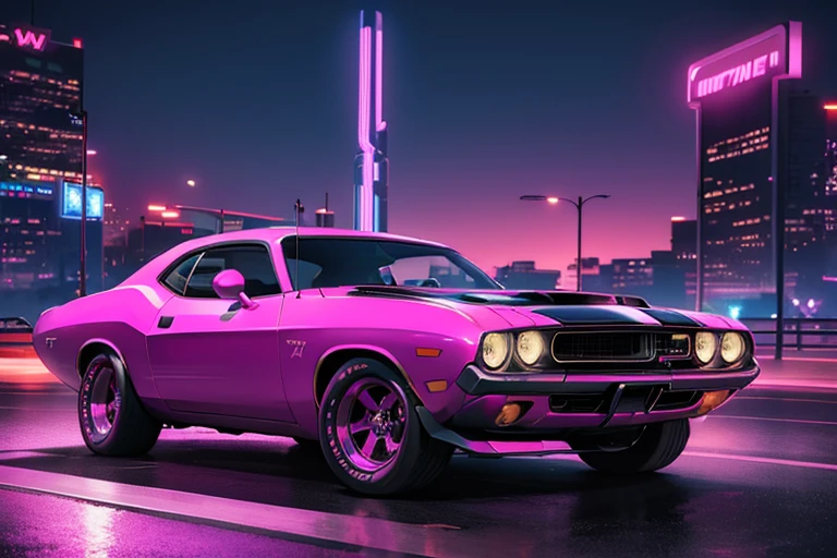 retrowave. city, 1970 Dodge Challenger, wide body kit, road, purple neon lights, sun, futuristic city, (masterpiece, detailed, highres), 