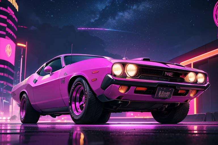 retrowave. city, 1970 Dodge Challenger, wide body kit, road, purple neon lights, sun, futuristic city, (masterpiece, detailed, highres), 