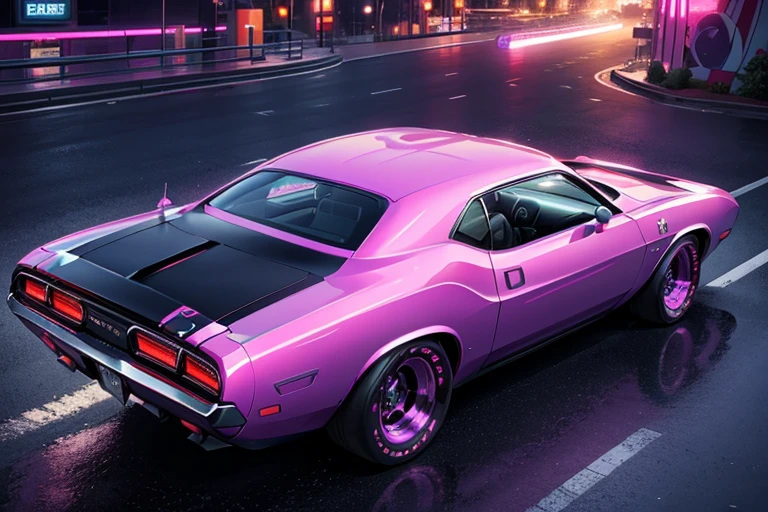 retrowave. city, 1970 Dodge Challenger, wide body kit, road, purple neon lights, sun, futuristic city, (masterpiece, detailed, highres), 