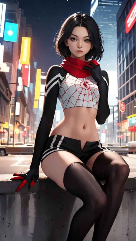 (Highly quality, masterpiece, detailed), Night city detailed scenario, night city detailed background, 20 years old girl, black ...