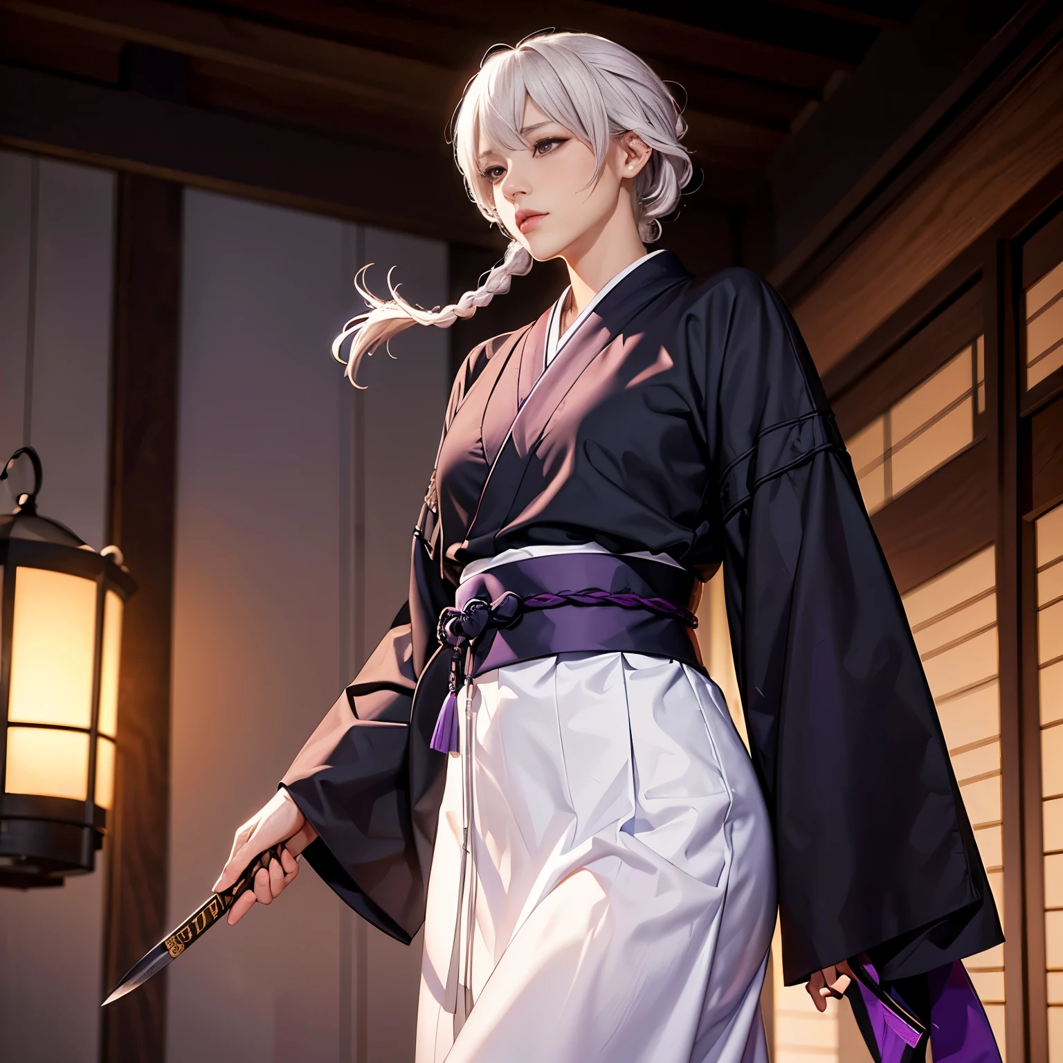 （（（Perfect figure，figure，long sleeves, japanese clothes, kimono, haori, black kimono, hakama, black hakama,（（（isane kotetsu, short hair, braid, white hair, (purple eyes:1.1), hair braid, ））），（（（wide hips））），S-shaped figure:1.7））），((masterpiece)),high resolution, ((Best quality at best))，masterpiece，quality，Best quality，（（（ Exquisite facial features，looking at the audience,There is light in the eyes，blush，Happy））），（（（Interlacing of light and shadow，huge ））），（（（looking into camera，fighting stance，holding knife in hand）））