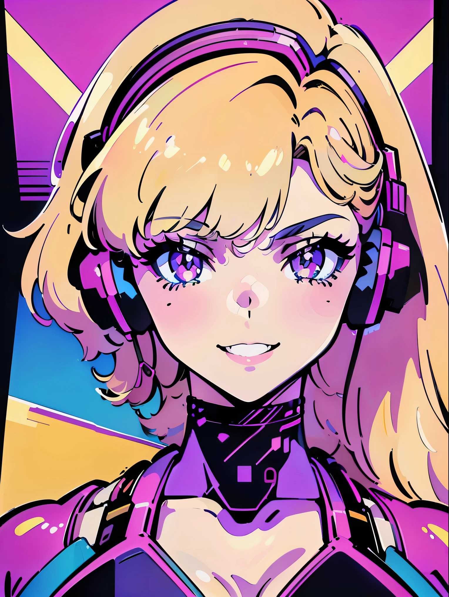 (best quality,4k,8k,highres,masterpiece:1.2),ultra-detailed, anime style, vapor wave aesthetic, line art, large breasts, bikini with harness, purple and hot pink background, setting sun, bright yellow accents, erotic pose, wearing large headphones, waifu, seductive expression:1.2,  smile with teeth